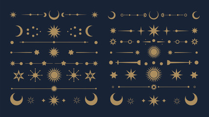 mystic celestial divider borders with esoteric magic symbols, golden sun moon and star decorations, ranked titles concept, hierarchy cosmic ornaments, premium mystical levels for elegant branding and  © MSTFARIDA