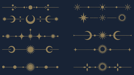 mystic celestial divider borders with esoteric magic symbols, golden sun moon and star decorations, ranked titles concept, hierarchy cosmic ornaments, premium mystical levels for elegant branding and  © MSTFARIDA