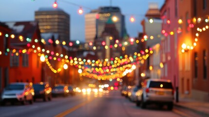 Fototapeta premium City street is lit up with colorful lights during evening time