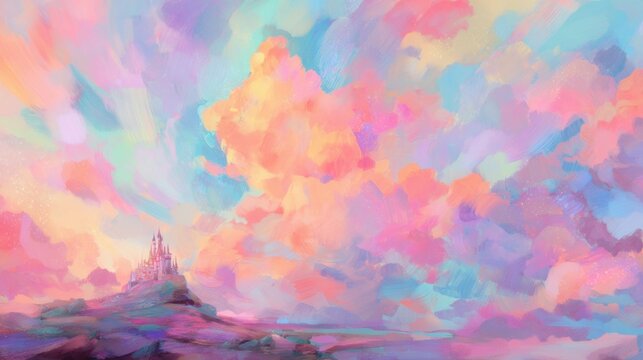Castle stands on hill under colorful sky with clouds at sunset