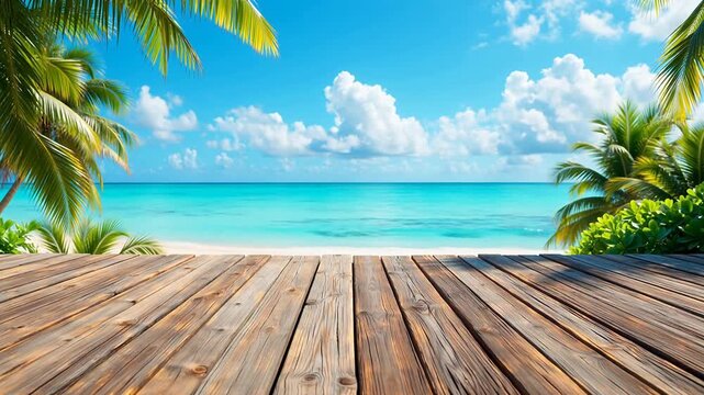 Wooden deck overlooking tropical beach