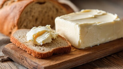 Sliced bread with butter on a wooden board in a kitchen setting