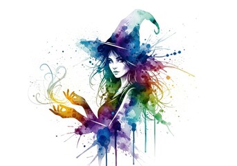 Woman witch casting magic spell in watercolor splash art style. Mystical sorceress with magical energy for Halloween, fantasy concept.