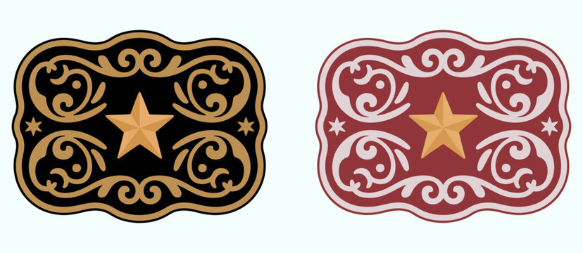 sheriff star badge vector, rodeo cowboy belt buckle in wild west style with decorative floral details, ranked titles concept, hierarchy western law symbols, premium frontier levels for vintage brandin