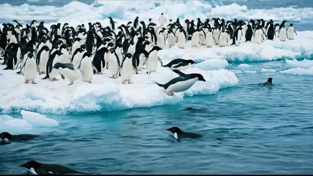 Large group of Adelie penguins standing on icy landscape with blue ocean water and distant glaciers