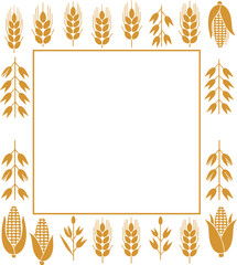 Decorative frame with golden wheat, corn, and plant elements on a white background, copy space
