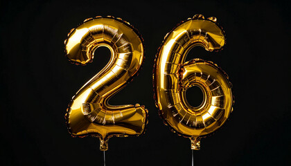 Shiny gold foil balloon number 26 floating against black background, celebration concept, elegant