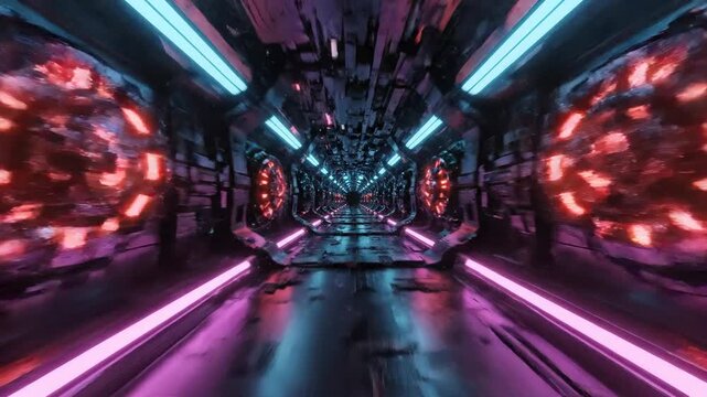 Experience hyper-speed travel down a dark, futuristic corridor illuminated by vibrant blue and magenta neon lights for tech presentations and abstract motion graphics.