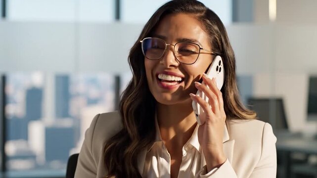 Professional woman having a pleasant phone call in her office.