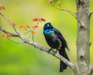 Naklejka premium Vibrant Grackle on Branch. A vibrant grackle perches on a tree branch with young leaves. The bird's iridescent feathers contrast beautifully with the soft greens and oranges of the background.