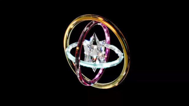 3D Rotating Interlocking Metallic Rings Orbiting Diamond Crystal Core - Loop Animation