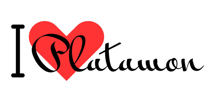 I love Platamon, city of Greece. Hand drawn letters with red heart. Vector illustration lettering, modern design