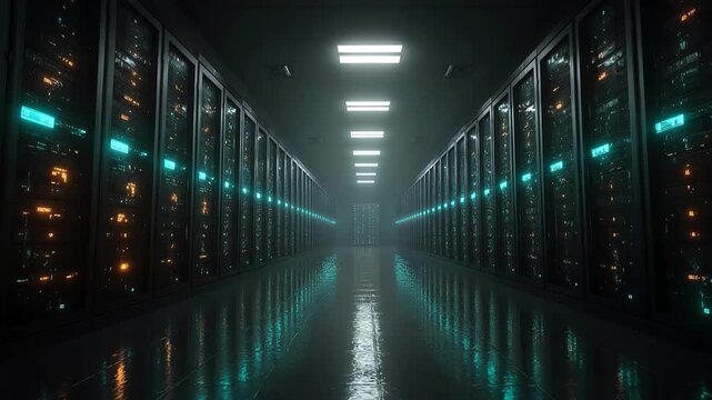 Modern server cabinets with cooling, Virtual hosting environment, Cinematic 3D server visualization, Digital information superhighway, Big data storage facility