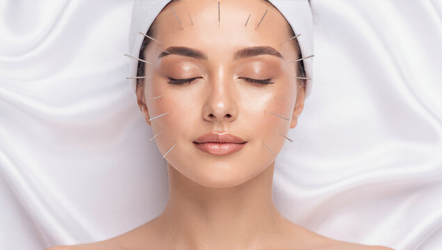 Holistic Healing: Close-Up of a Beautiful Woman Receiving Facial Acupuncture for Wellness and Radiance