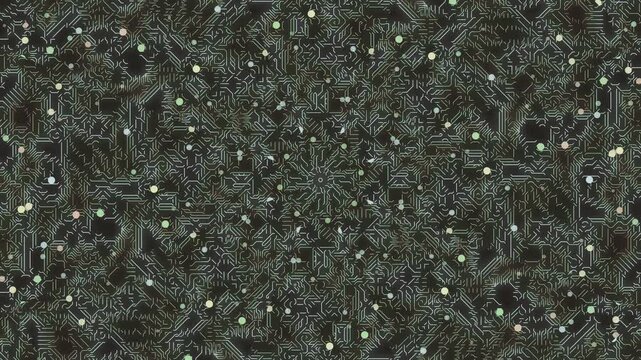Abstract green circuit kaleidoscope texture with glowing dots
