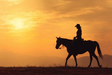 Silhouetted female rider on horseback at sunset in scenic landscape