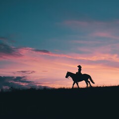 Fototapeta premium Silhouette of person on horse at sunset with vibrant evening sky