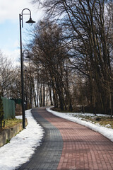 Winding paved walkway through a quiet park with snow along the edges, leafless trees, and vintage street lamps under a bright winter sky. © Valerii