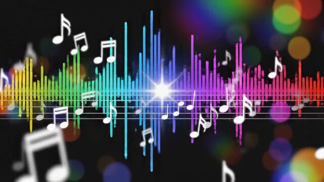 A visually stunning representation of music and sound waves, with colorful equalizer bars and floating musical notes, symbolizing auditory art and creativity