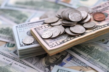 Fototapeta premium Big amount of United States coins on hundred and fifty dollar money bill wads on table