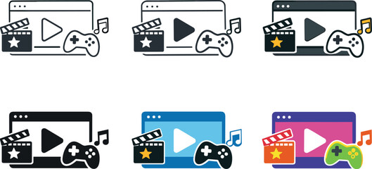 Online entertainment concept icon portraying a visual player frame with lively symbols representing movies, games, and music,