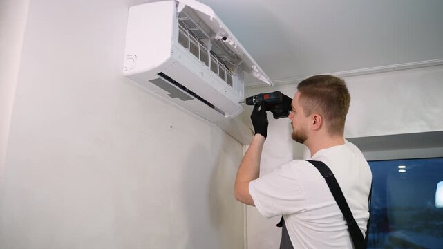 Professional technician installing and repairing air conditioner unit
