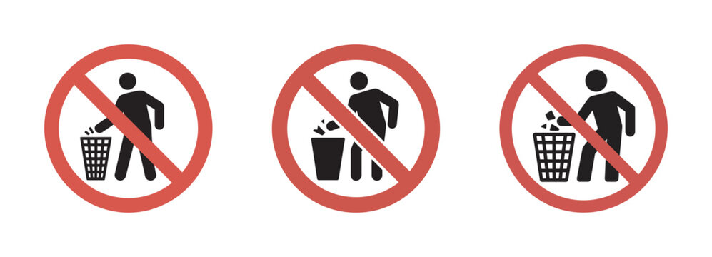 Set of three no littering signs with person throwing trash in different bins