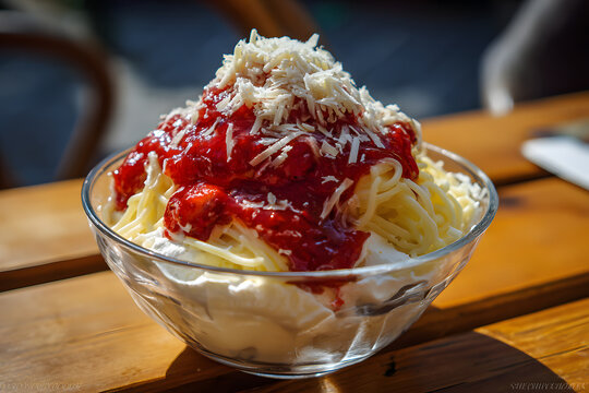 Decadent spaghetti ice cream with strawberry sauce