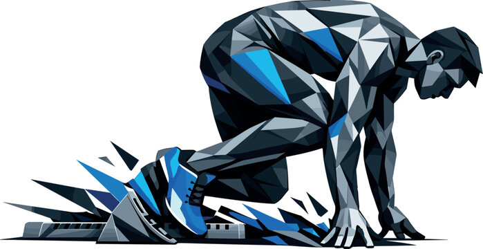 Low-poly vector illustration of a sprinter crouched in the starting blocks before the race, tense coiled posture with angular