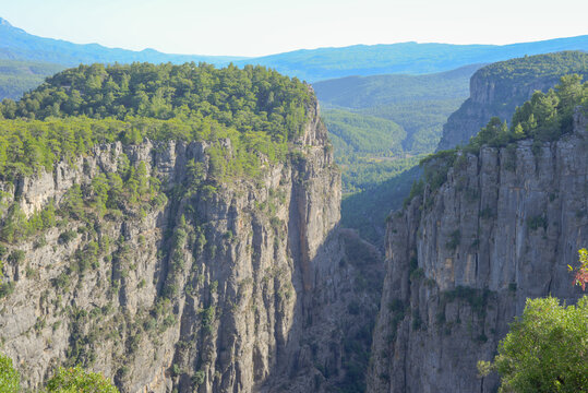 Panoramic landscape of Tyzy Canyon, also known as Canyon of Eagles, Tyzy Canyon and Bilgelik Vadisi, also known as Valley of Wisdom. Located in Koprulu Canyon National Park, Antalya, Turkiye.