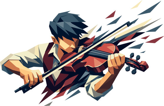 Low-poly vector illustration of a violinist accelerating into the bow sweep, dynamic diagonal composition with the bow slicing