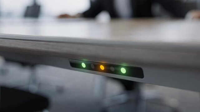 Closeup on a sensorequipped table edge with glowing availability lights blurred surroundings hinting at a smart seating management system in use.
