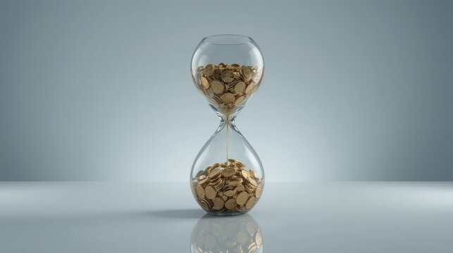 Conceptual financial metaphor of a glass hourglass filled with falling golden coins on a clean reflective surface