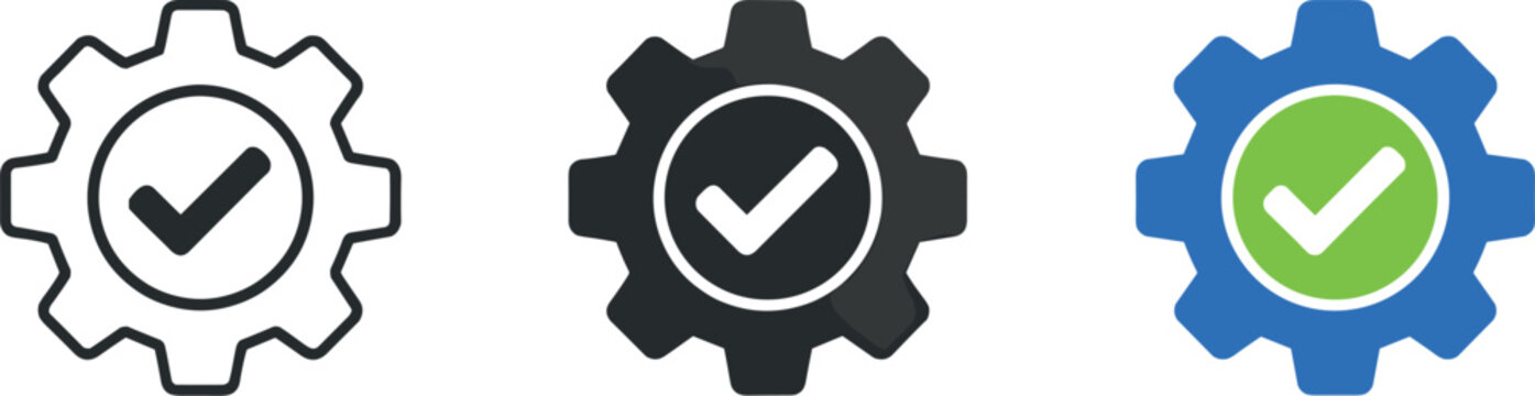 Stable build outcome represented by a gear icon with a single check mark inside, identical form shown three times in a horizontal
