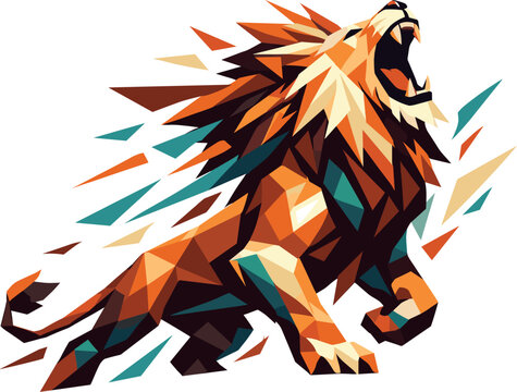 Low-poly vector illustration of a lion rising into a roar, explosive upward head motion with elongated angular posture, jaws