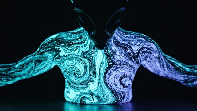 Abstract body art with glowing blue and green patterns in the dark.
