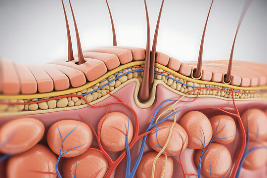 A microscopic view of hair follicles and their surrounding structures in the skin