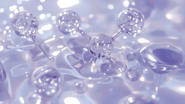 Surrealist aesthetic photo of translucent purple glass molecular structures floating on a shimmering liquid surface with soft bokeh