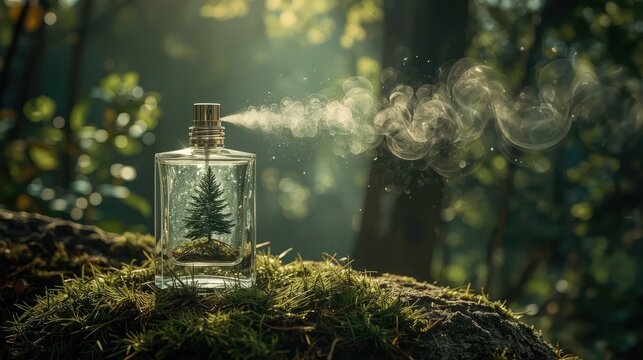 Surrealist concept of a perfume bottle with a pine forest inside spraying a mist of green leaves in a sunlit woods