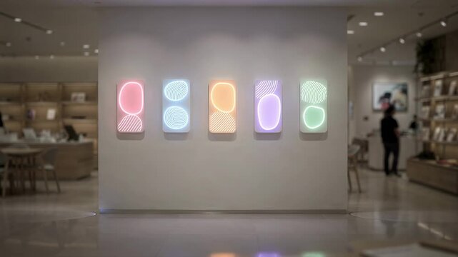 Shot highlighting interactive zone indicators mounted on wall showing occupancy data from table sensors with the rest of the store softly faded out.