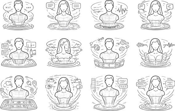 Line vector icons of a hologram interlocutor built on data interpretation: projection grids, holo-outline stems, dialog arcs,