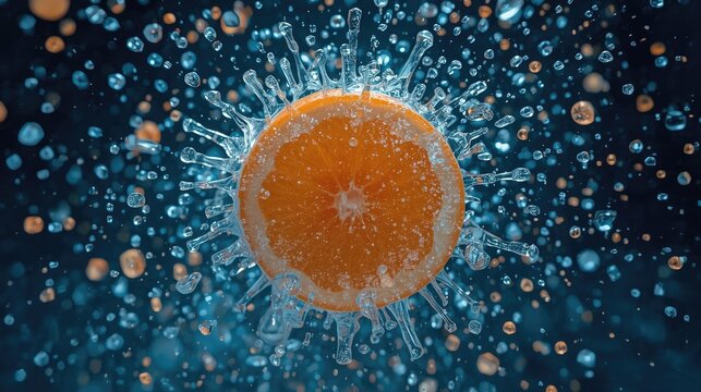 Extreme macro shot of an orange slice exploding with juice droplets and ice crystals in slow motion against a dark blue background