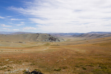 Landscape with dirt road in Altai Tavan Bogd National Park, Mongolia