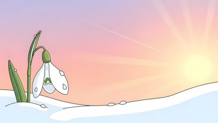 Fototapeta premium Cute cartoon snowdrop flower with dew drops emerging from melting snow at dawn against a vibrant pastel sunrise for new beginning concept and spring awakening