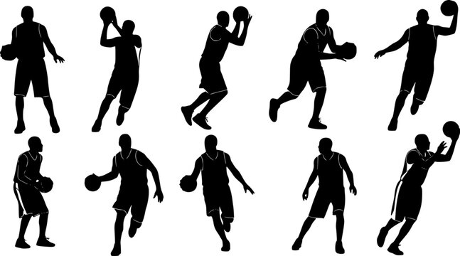 Vector set of Basketball players silhouettes, Basketball silhouettes white background