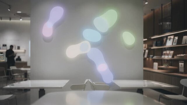 Shot highlighting interactive zone indicators mounted on wall showing occupancy data from table sensors with the rest of the store softly faded out.