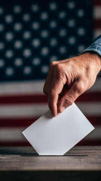 Close up of hand inserting ballot into voting box with American flag
