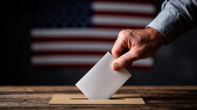 Close up of hand inserting ballot into voting box with American flag