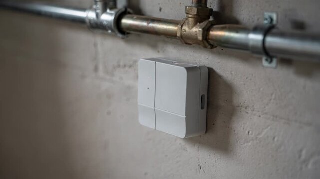 Medium shot of a discreet water leak sensor mounted near a pipe sharply focused while surrounding area remains softly blurred highlighting subtle property protection technology.