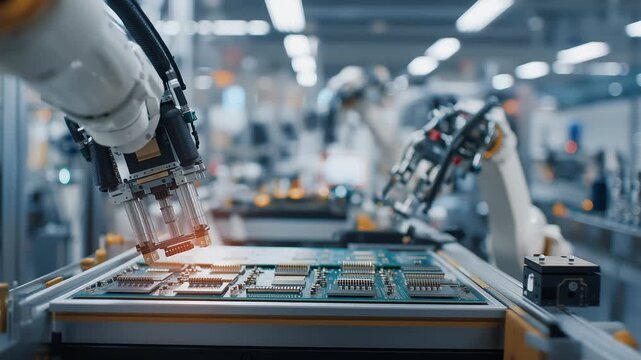  Industrial robotic arms assembling and soldering microchips on printed circuit board in automated smart factory production line footage